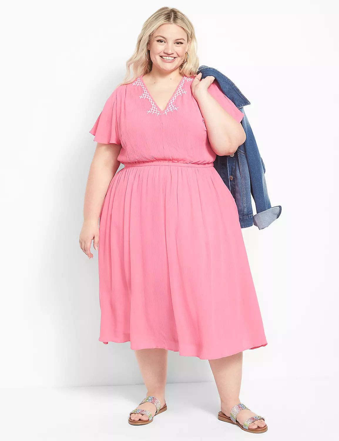 Flutter-Sleeve V-Neck Embroidered Midi Dress | LaneBryant | Lane Bryant (US)