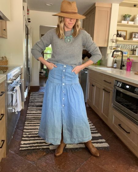 Western outfit option: drop waist jean skirt from Anthro (so fun and comfortable), grey sweater and Amazon squash blossom necklace. 

Skirt and sweater tts Laura wearing a 26 and a small. Linking boots also!



Country concert
Grey cashmere sweater
Brown cowgirl boots 

#LTKStyleTip #LTKSeasonal #LTKOver40