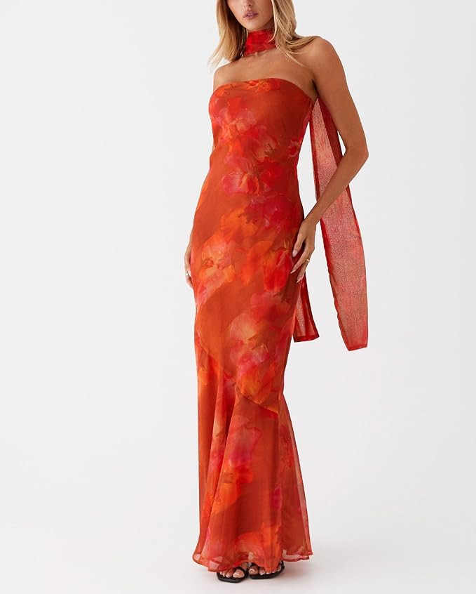 Women Strapless Floral Dress with Sarf Mesh Tube Maxi Dress Summer Cocktail Wedding Guest | Amazon (US)