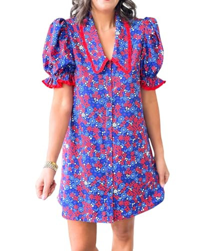Women's Floral Doll Collar Puff Sleeve Dress Button V Neck Short Sleeves Babydoll Mini Dresses Flower Print Sundress Royal Red Floral Small | Amazon (US)