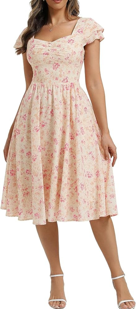 Belle Poque Women's Sweatheart Neck Ruffle Cap Sleeve Floral Dress 2026 Summer Ruched Midi Elegan... | Amazon (US)