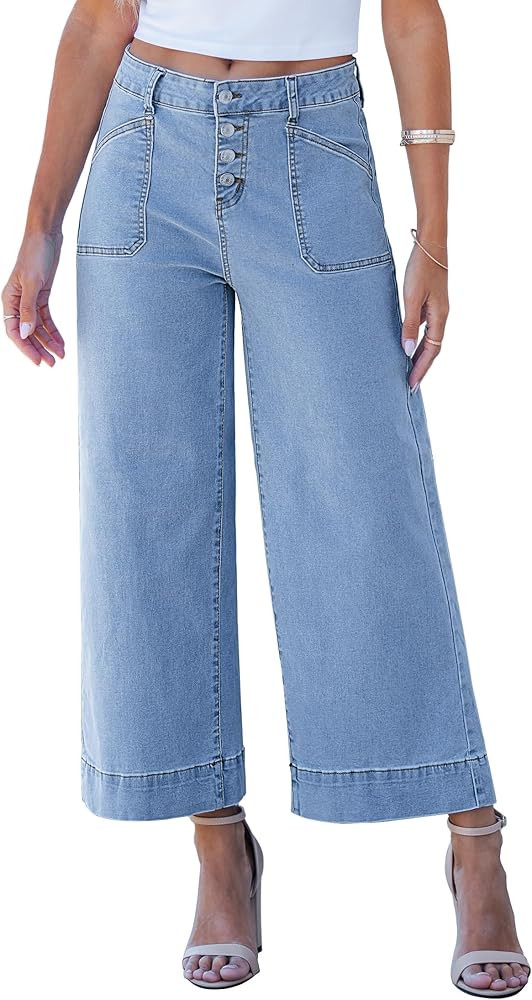 luvamia Wide Leg Jeans for Women Cropped High Waisted Trendy Button Fly Patch Pocket Stretchy Den... | Amazon (US)