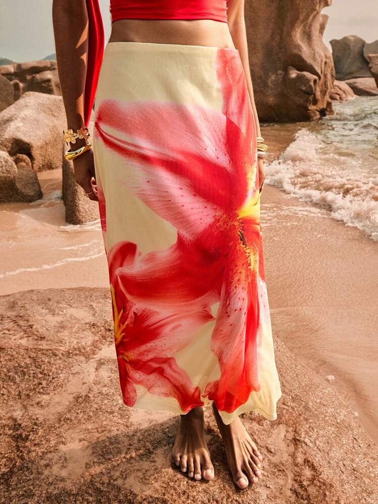 Poéselle Women's Tropical Flower & Lily Print A-Line Skirt, Vacation Style | SHEIN