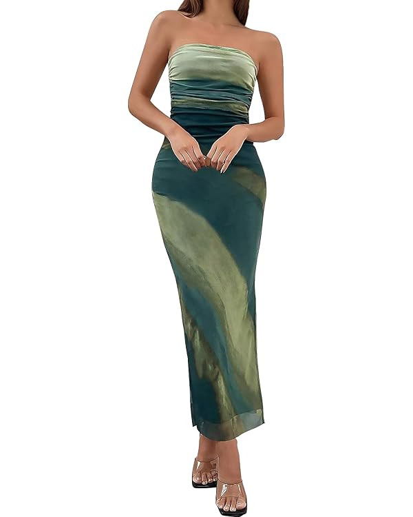 Womens 2025 Strapless Maxi Dress Sexy Printed Slip Side Tube Top Bodycon Long Dress Elegant Forma... | Amazon (US)