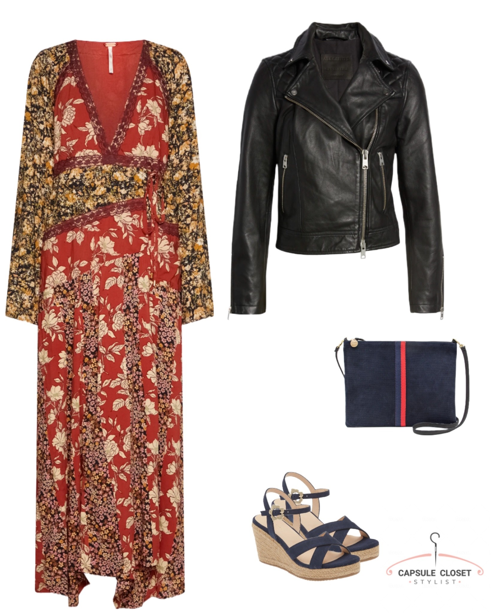 Floral fall maxi dress, black biker jacket, wedges, 

#LTKstyletip #LTKshoecrush #LTKeurope