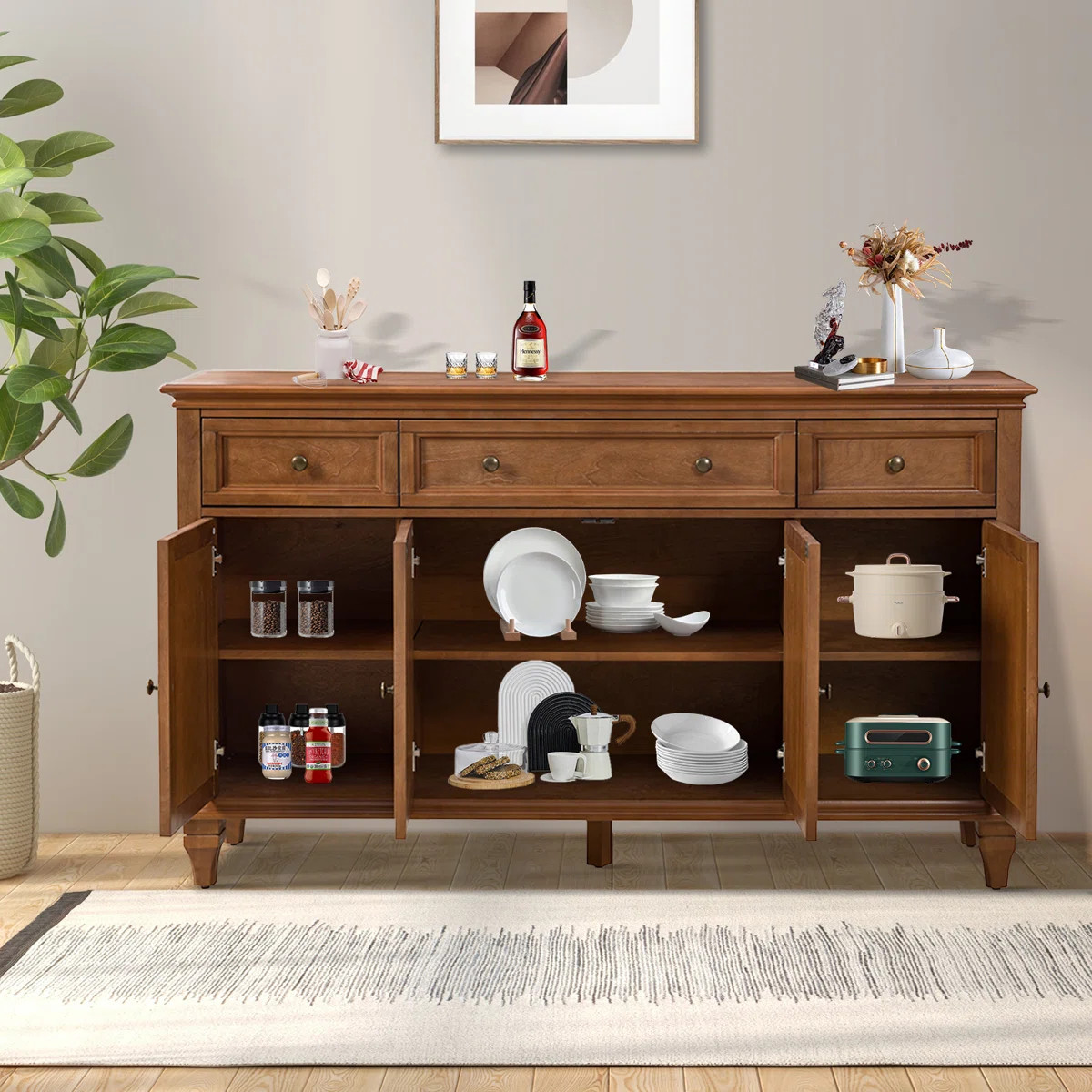 Alvieri Farmhouse 58" W 3-Drawer 4-Cabinet Sideboard with Solid Wood Legs | Wayfair North America