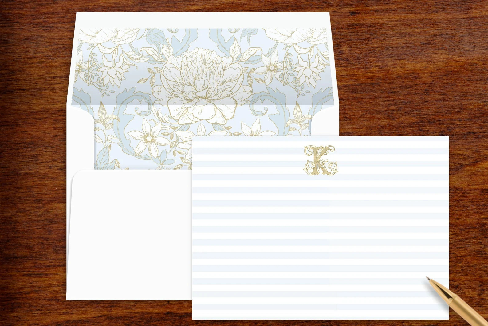 Subtle Stripe Monogram Personalized Stationery Note Card Set With Gold Antique Font Blue & Gold F... | Etsy (US)