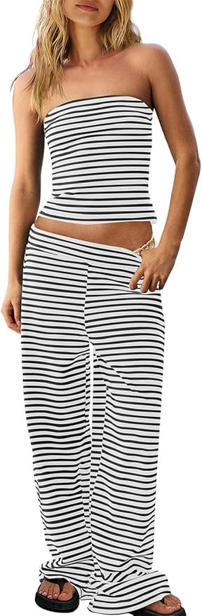 Womens Striped Two Piece Set Summer Tube Top Wide Leg Pants Matching Lounge Set Beach Vacation Ou... | Amazon (US)