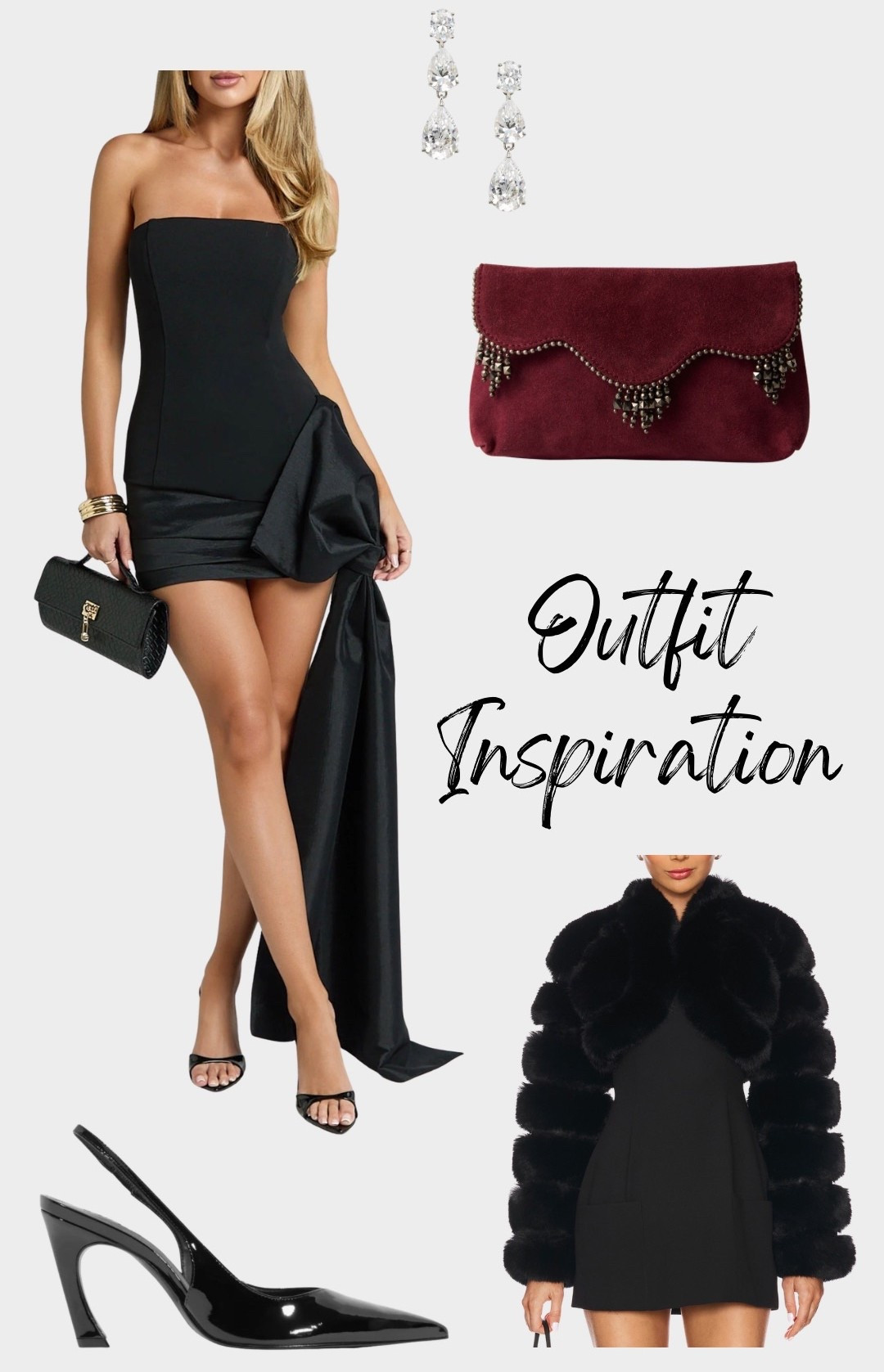 Birthday outfit, black mini dress, black strapless dress, faux fur coat, faux fur cropped coat, maroon clutch, handbag, burgundy bag, burgundy clutch, bow detail, bow dress, rhinestone earrings, silver earrings 

#LTKBeauty #LTKootd #LTKTravel