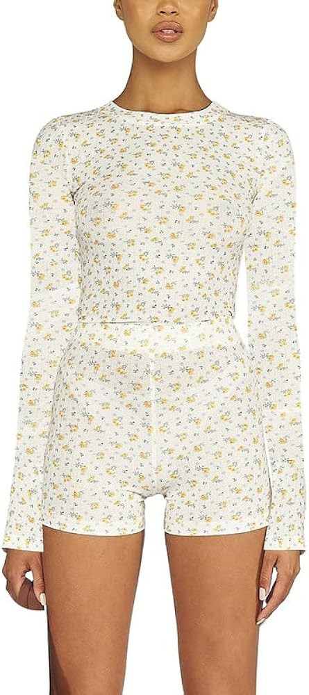 Amazon.com: Sastianaen Women Y2k Long Sleeve Bodycon Romper Floral Print One Piece Bodysuit V Nec... | Amazon (US)