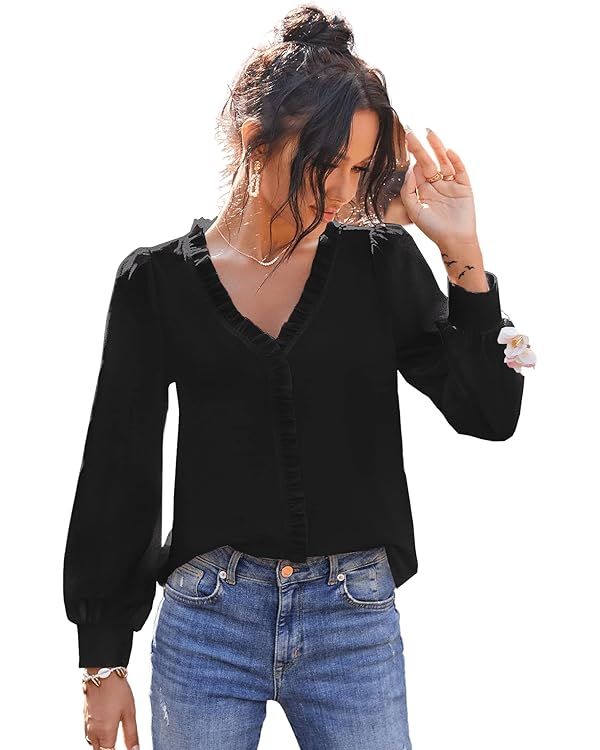 SheIn Women's V Neck Ruffle Trim Puff Long Sleeve Chiffon Blouse Solid Top Shirt | Amazon (US)
