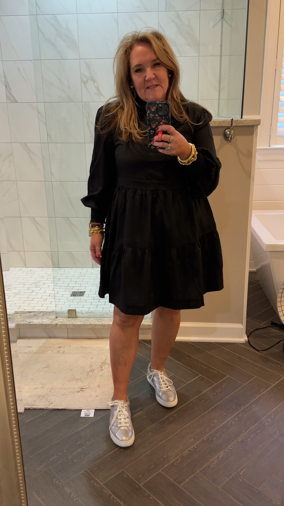 Dress size Large so comfortable dress up or casual. My silver sneakers were perfect for Christmas Eve. Linking similar. Loving the living tan bronzer mousse and mit  
Dress 10% off code NANETTE10 for Gibson look only  

#LTKmidsize #LTKfindsunder100 #LTKover40