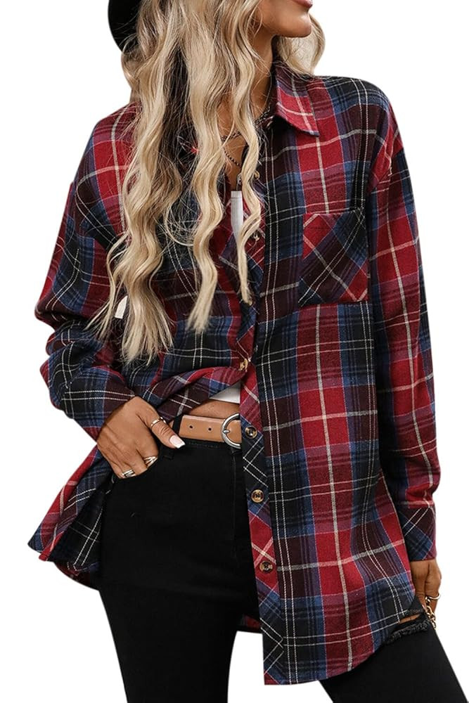 CHYRII Womens Oversized Flannel Shirts Button Down Long Sleeve Plaid Shirt Business Casual Blouse... | Amazon (US)