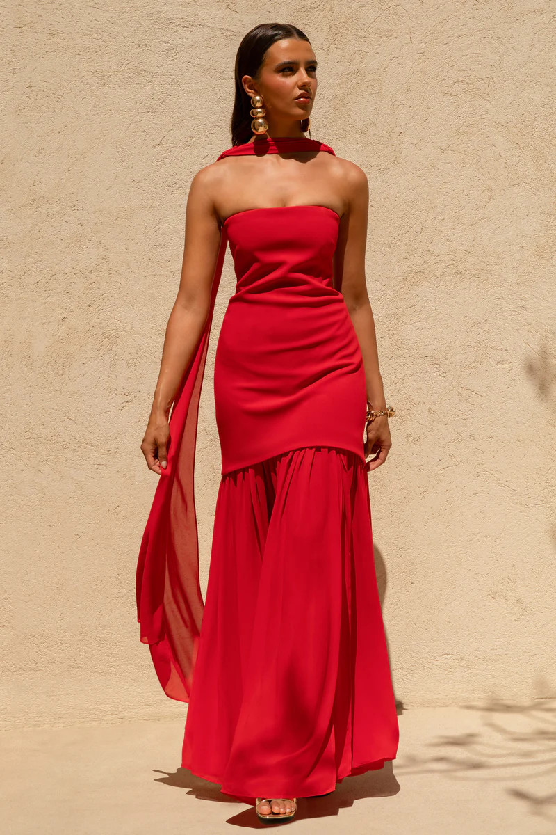 Kylie | Red High-Neck Maxi Dress With Chiffon Skirt | Club L London