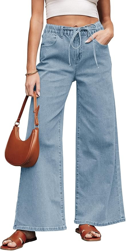 Women's Wide Leg Jeans Trendy High Waisted Stretchy Jeans with Drawstring Elastic Waist Denim Pan... | Amazon (US)