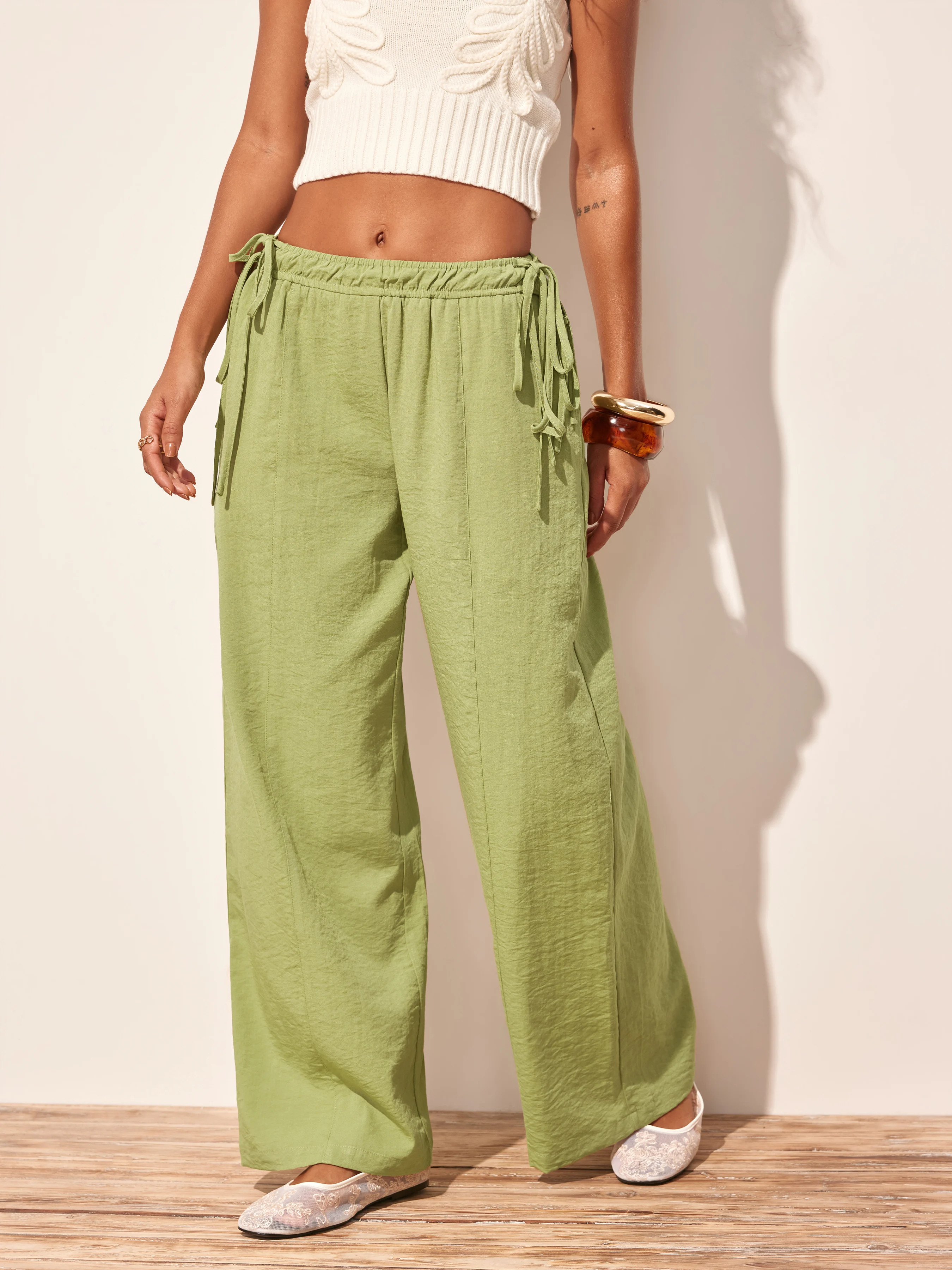 Cotton-blend Mid Rise Drawstring Wide Leg Trousers | Cider