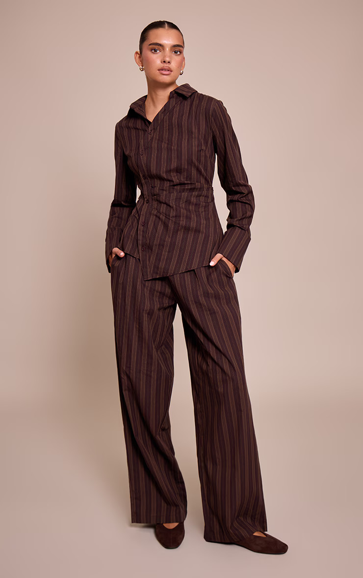 Dark Brown Woven Pinstriped Straight Leg Trouser | Co-ords | PrettyLittleThing UK