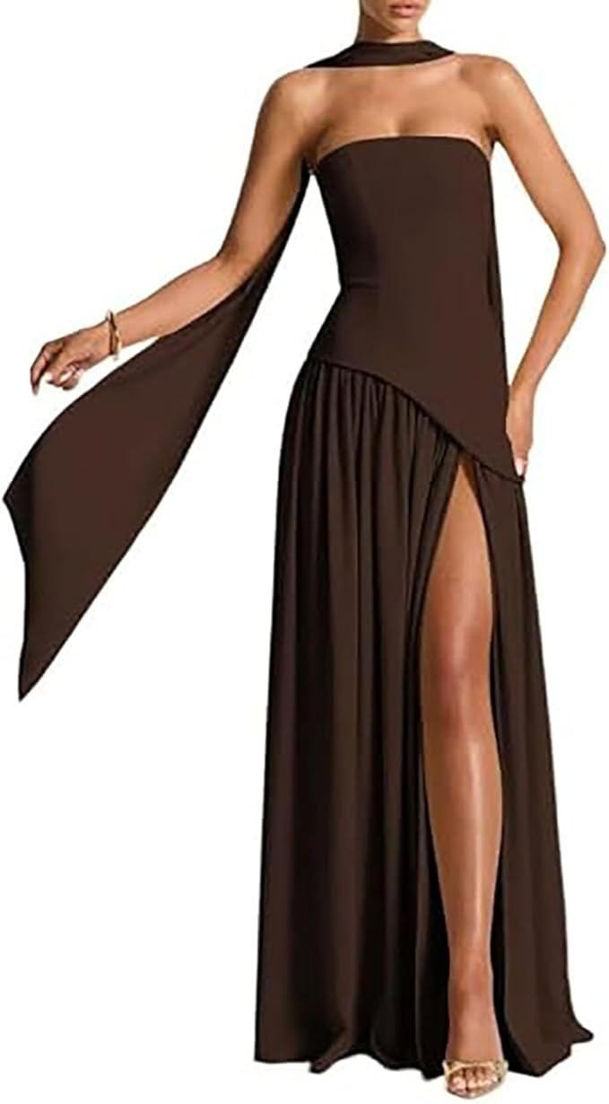 Women Strapless Corset Asymmetrical High Split Flowy Maxi Dresses Evening Gown Wedding Guest Dres... | Amazon (US)