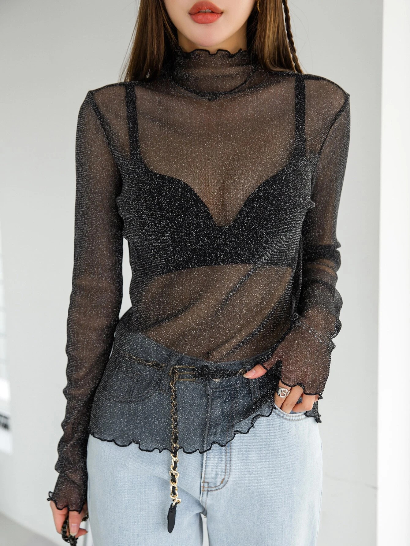 DAZY Lettuce Trim Mock Neck Mesh Top Without Bra | SHEIN