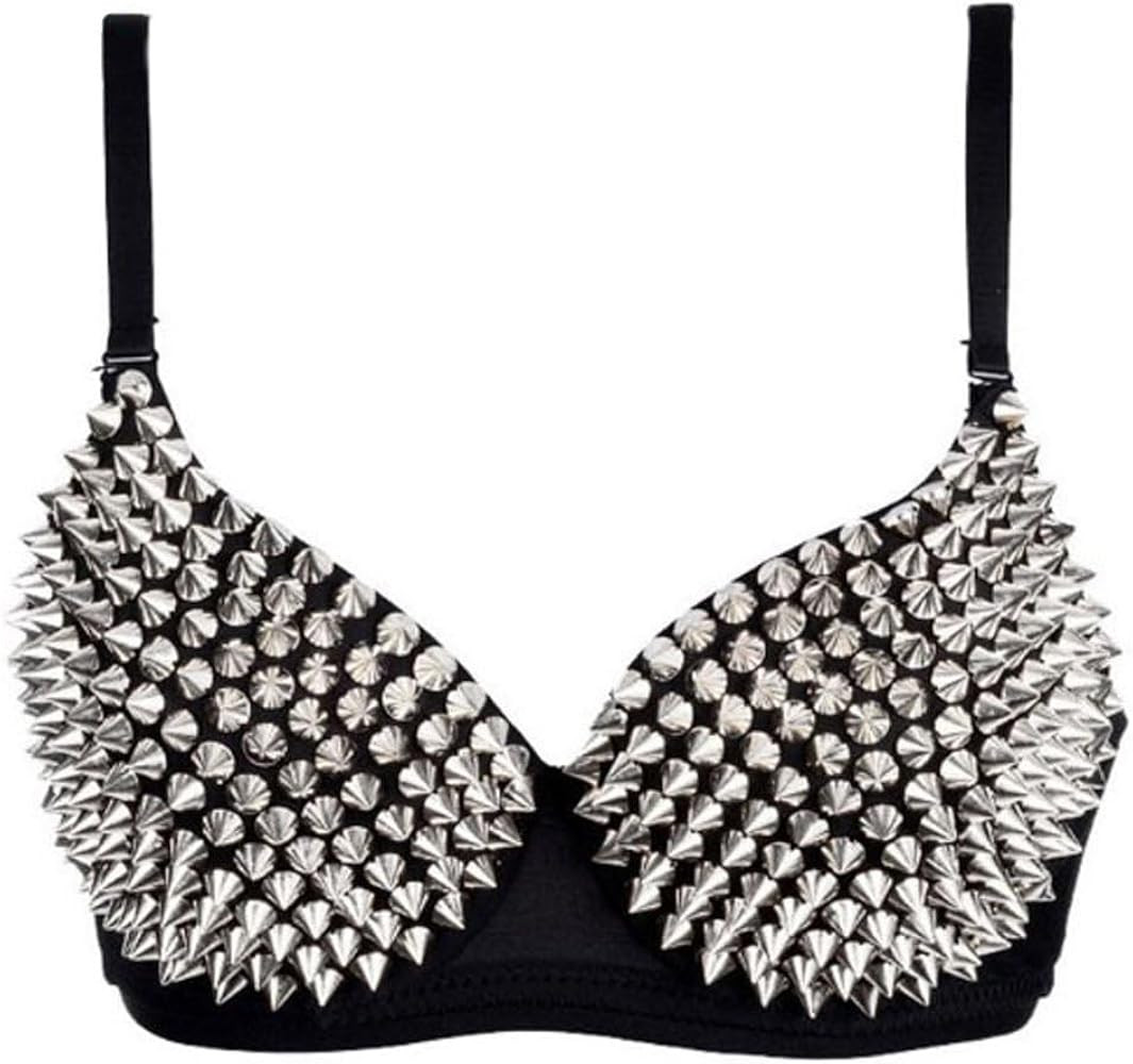 (Size: M, Silver) Punk Dancing Performance Gold Metallic Rivets Studded Strappy Bra Women Sexy Br... | Amazon (US)