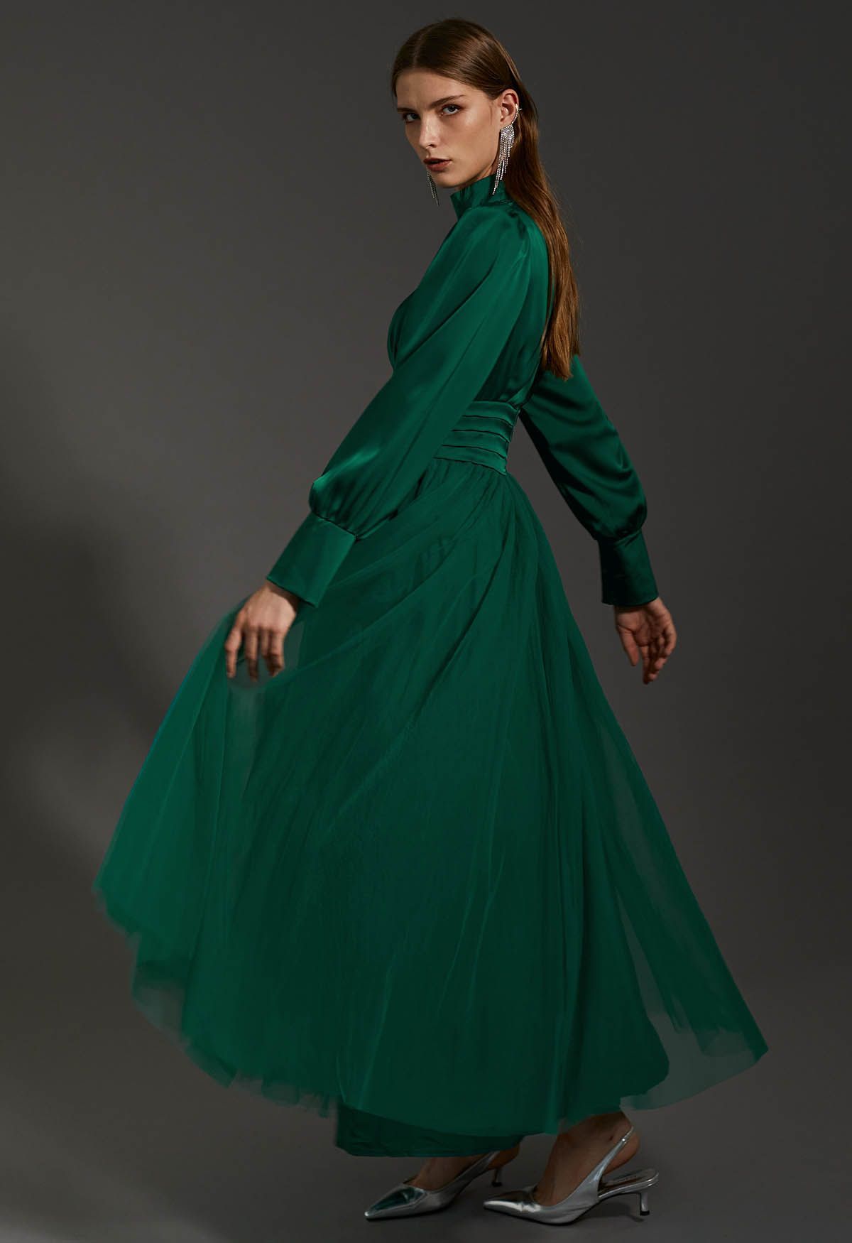 Shine Bright High Neck Tulle Maxi Dress in Emerald | Chicwish