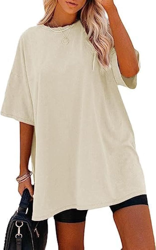 Remidoo Women's Casual Solid Crewneck Short Sleeve Oversized T Shirt Drop Shoulder Tops | Amazon (US)