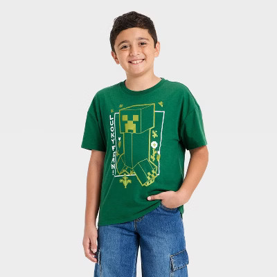 Boys' Minecraft Creeper St. Patrick's Day Short Sleeve Graphic T-Shirt - Dark Green XL | Target
