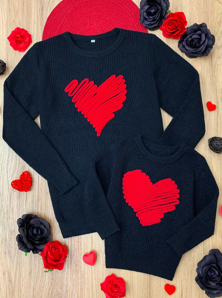 Mommy and Me Love Note Embroidered Red Heart Sweater | Mia Belle Girls