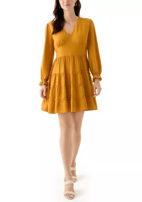 Women's Long Sleeve V-Neck Solid Tiered Airflow Mini Dress | Belk