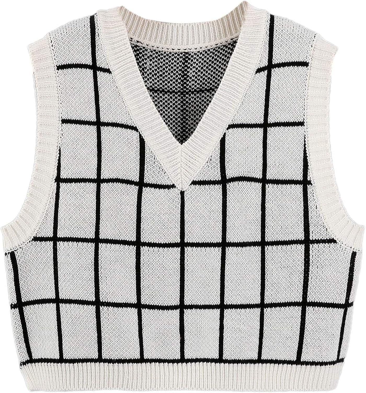 SheIn Women's V Neck Plaid Print Sweater Vest Sleeveless Rib-Knit Crop Tank Tops | Amazon (US)