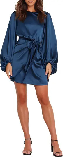 Opal Tie Waist Long Sleeve Satin Minidress | Nordstrom