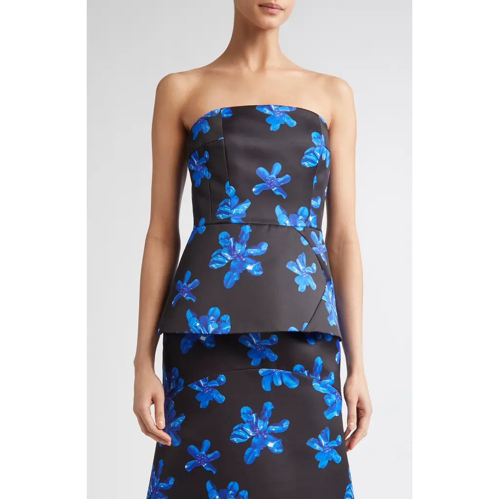 Emilia Wickstead Regan Floral Strapless Genzianella Peplum Top in Electric Blue Floral On Black at Nordstrom, Size 8 Us | Nordstrom
