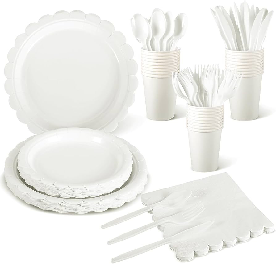 175 Pcs White Plates and Napkins Party Supplies, 25 Guest White Scalloped Paper Plates Disposable... | Amazon (US)