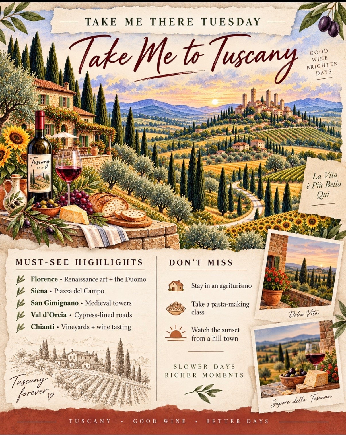 🇮🇹 Take Me There Tuesday: Take Me to Tuscany!

Imagine waking up in a countryside villa, wandering through medieval hill towns, sipping Chianti among the vineyards, and watching the Tuscan sun set over cypress-lined roads.

Add these experiences to your Tuscany itinerary:

✨ Admire the Renaissance treasures of Florence
✨ Explore Siena’s Piazza del Campo
✨ Visit the medieval towers of San Gimignano
✨ Drive through the rolling hills of Val d’Orcia
✨ Enjoy a wine tasting in Chianti
✨ Stay at an authentic countryside agriturismo
✨ Take a traditional Italian pasta-making class

Tuscany is more than a destination—it’s a chance to slow down, savor every moment, and experience la dolce vita. Who’s ready to go?

#TakeMeThereTuesday #TuscanyTravel #VisitItaly #ItalyBucketList #ElkinsTravelCo

#LTKTravel