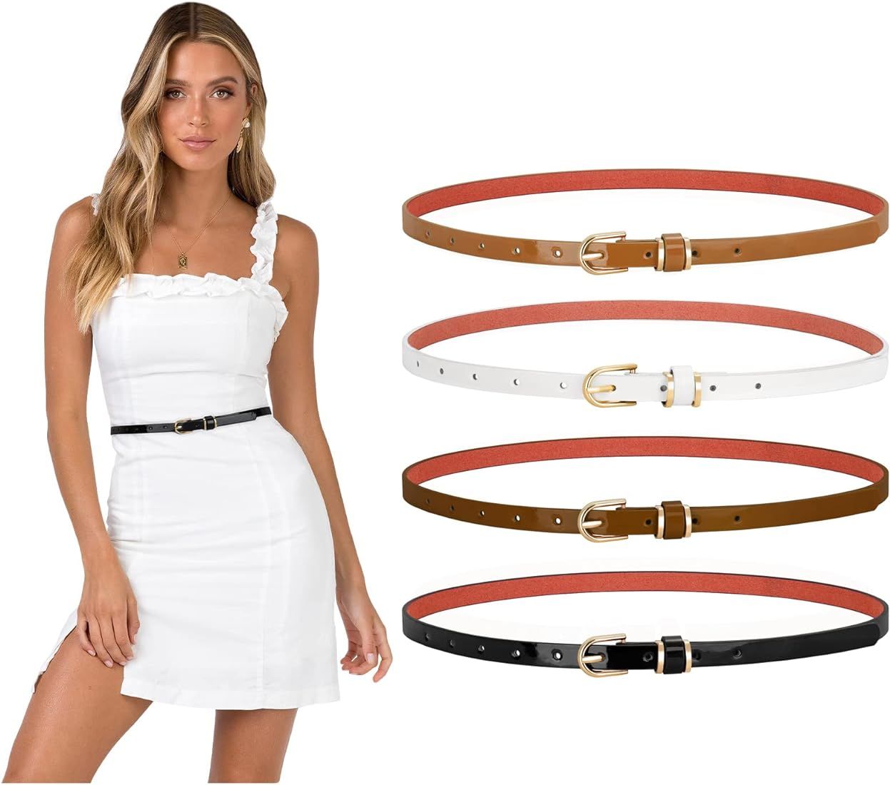 LEACOOLKEY 4 PACK Skinny Leather Belt for Women Dress Thin Waist Belt with Gold Buckle for Jeans | Amazon (US)