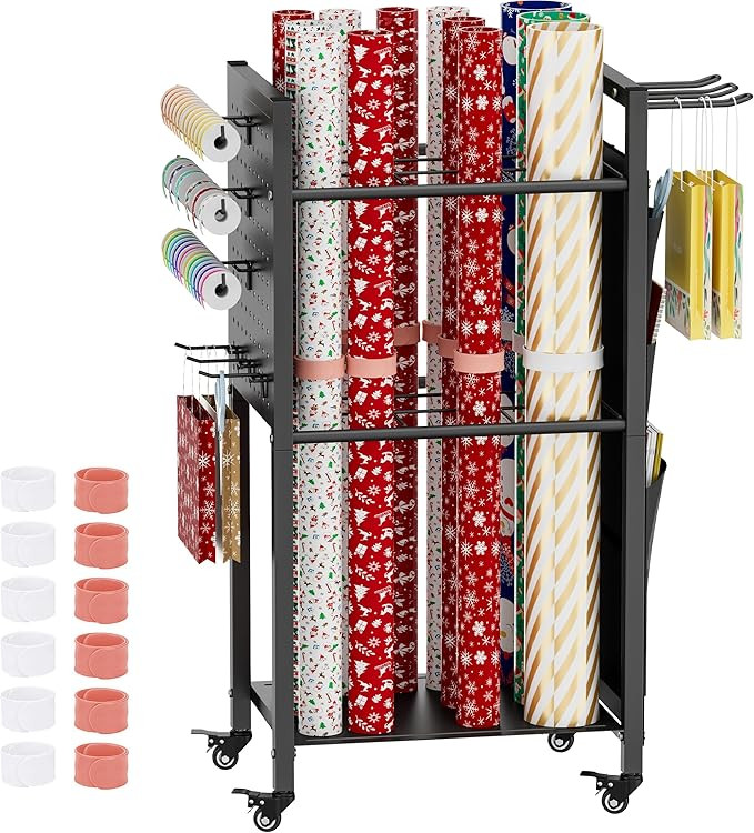 Wrapping Paper Storage Organizer with Wheels, Gift Wrap Storage Station with Ribbon and Gift Bag ... | Amazon (US)