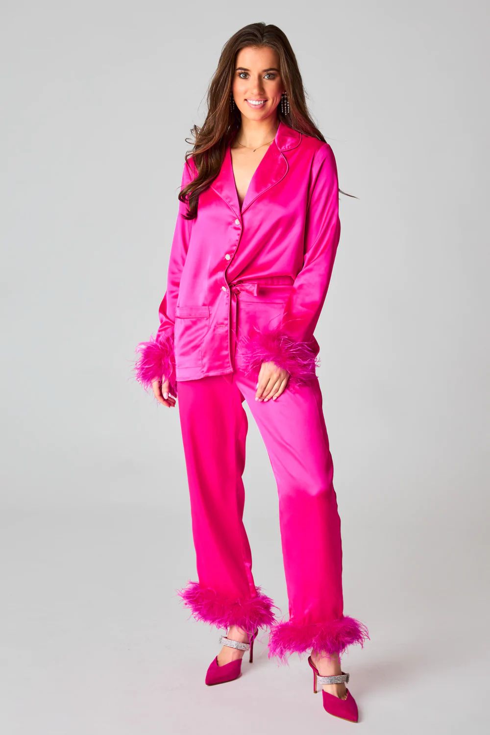 BuddyLove | Danica Feather Trim Pajama Set | Hot Pink | BuddyLove