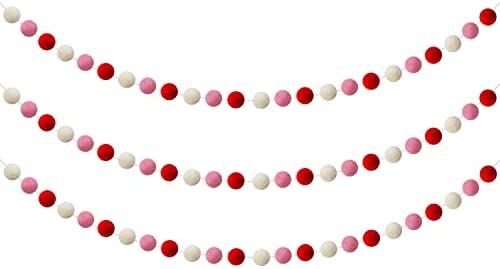CAVLA 3 Pieces Valentine's Day Felt Ball Garlands Valentines Day Red Pink White Pom Pom Garlands 1 I | Amazon (US)
