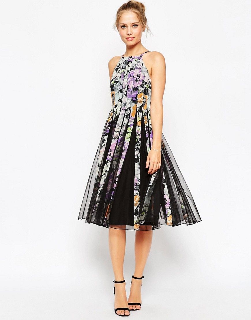 ASOS Mesh Fit And Flare Midi Dress in Dark Floral Print | ASOS UK