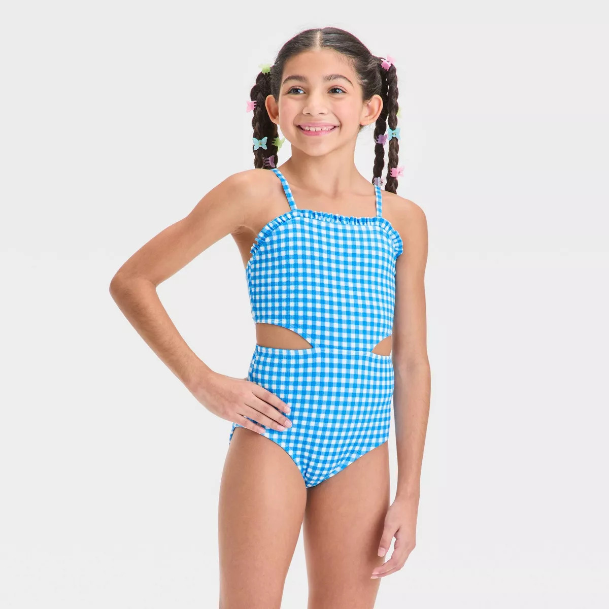 Girls' Gingham Checkered One Piece Swimsuit - Cat & Jack™ Blue | Target