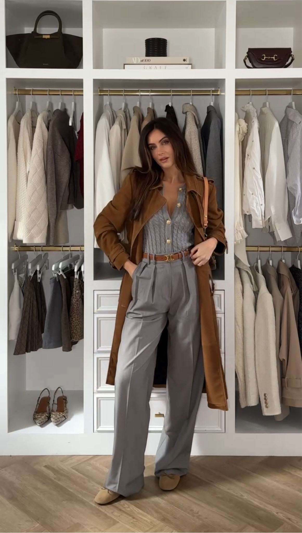 On trend this autumn - grey and tan! Especially tan suede, and this Fairfax and Favor trench coat is absolutely gorgeous! 🤎🍂 styled with tailored grey trousers and cable knit cardigan 

#FashionMonth #LTKautumn 

#LTKworkwear