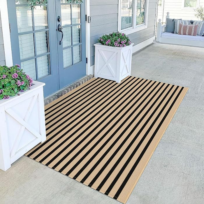 KILOCOCO Alfombra a rayas, 4 x 6 pies, interiores, marrón y negro, algodón de pelo bajo, lavabl... | Amazon (US)