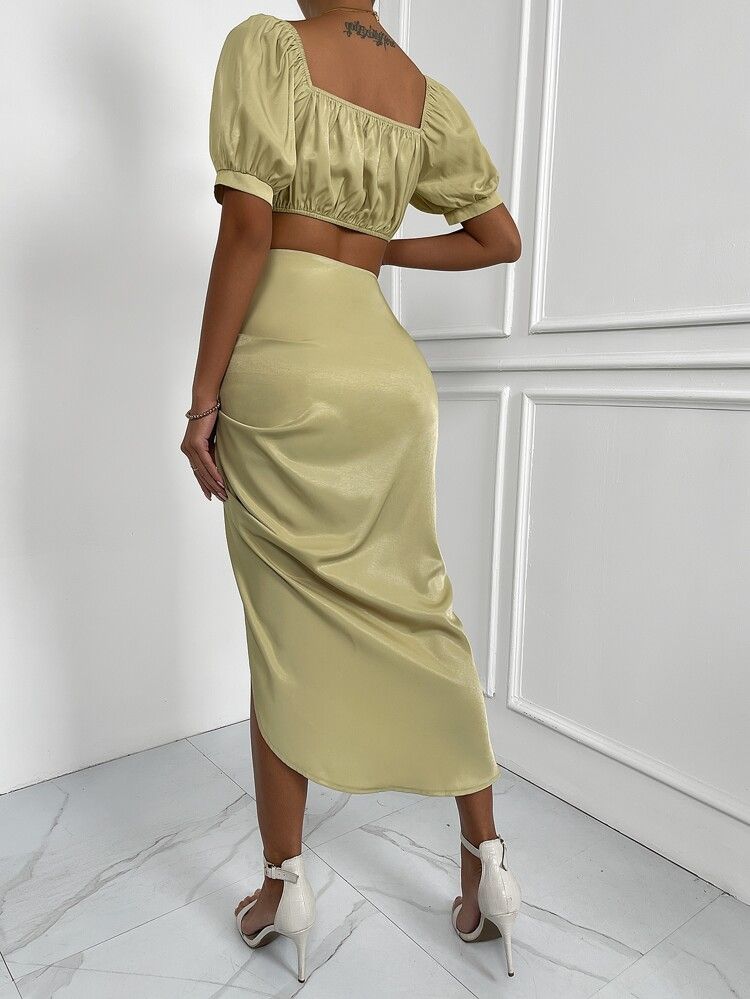 Puff Sleeve Crop Top & Fold Pleated Split Thigh Skirt Set | SHEIN