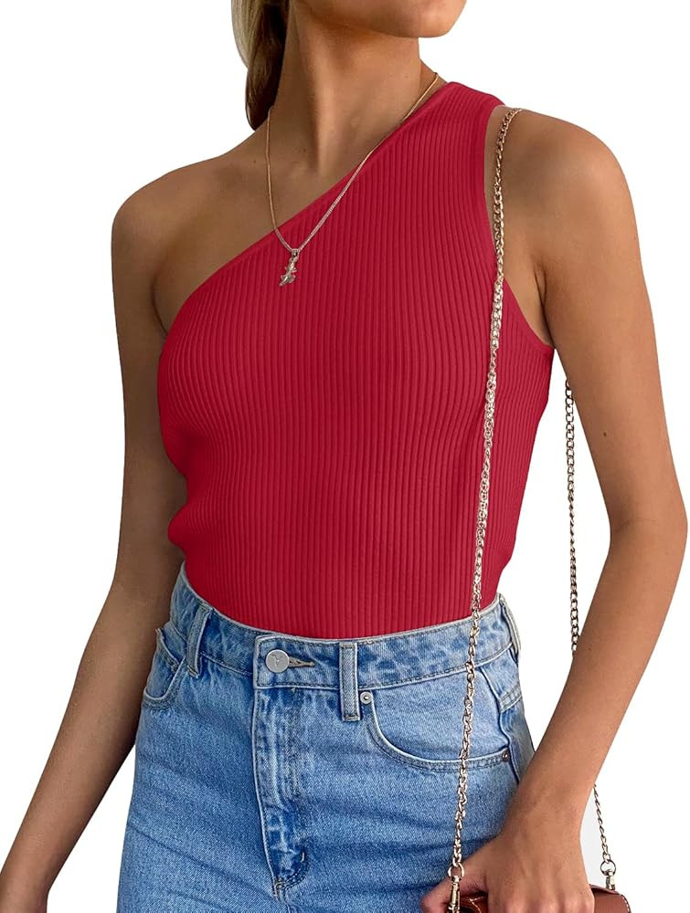 ZESICA Women's One Shoulder Tank Summer Sleeveless T Shirt Ribbed Knit Slim Fit Sexy Casual Basic... | Amazon (US)