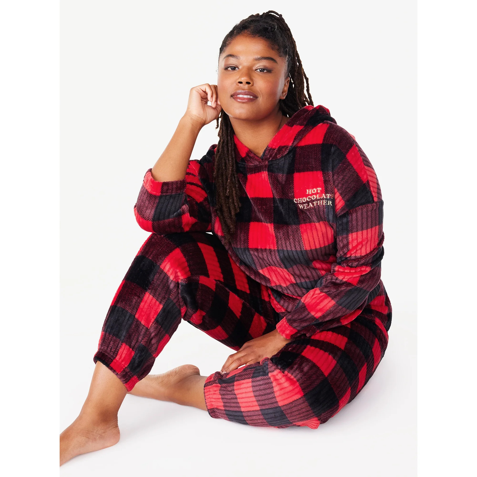 Joyspun Women’s Plush Hooded Top and Pants, 2-Piece Pajama Set, Sizes XS to 3X | Walmart (US)