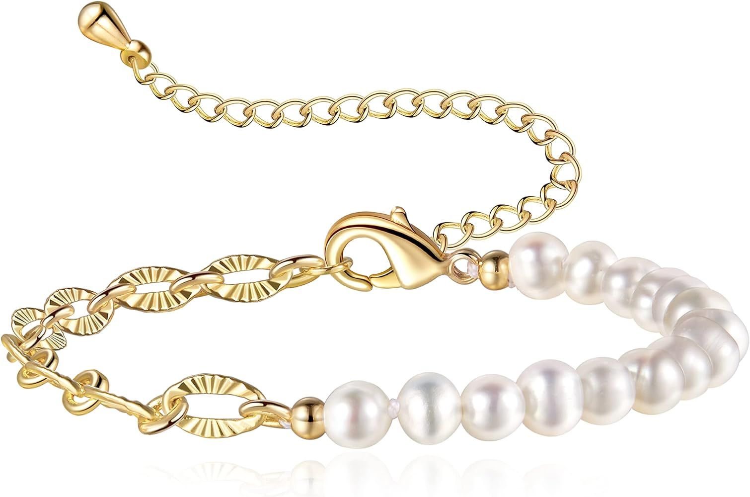 Cowlyn Paperclip Pearl Bracelet Baroque Pearl Link Adjustable Chain 14k Gold Delicate Pearls Tiny... | Amazon (US)