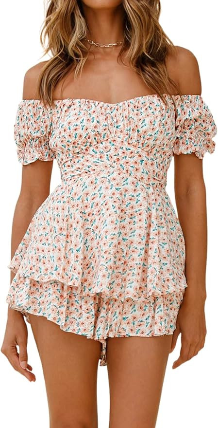 Fixmatti Women Boho Romper Off Shoulder Ruffle Chiffon Shorts Jumpsuit Playsuits | Amazon (US)