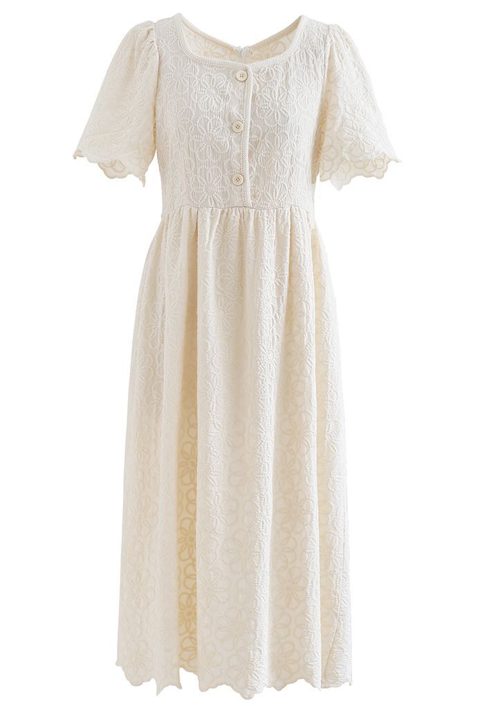 Full Flower Embroidered Button Scalloped Dress in Cream | Chicwish