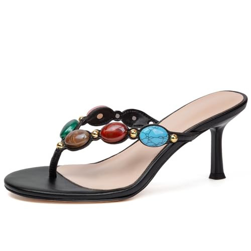 BeeLg Black Kitten Heel Thong Sandals for Women Round Open Toe Jeweled Flip Flops Fashion Summer Beach Dress Sandals | Amazon (US)