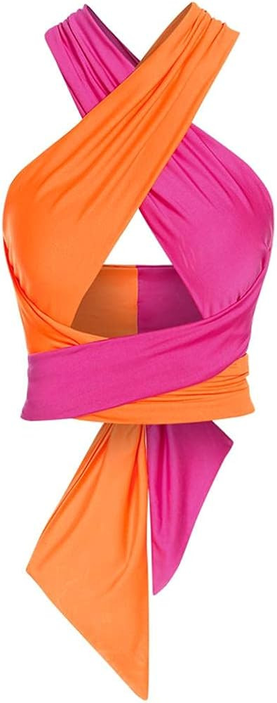 ZAFUL Womens Ribbed Halter Crop Top Ruched Lace-up Cropped Cami Bandana Top Criss Cross Wrap Prin... | Amazon (US)